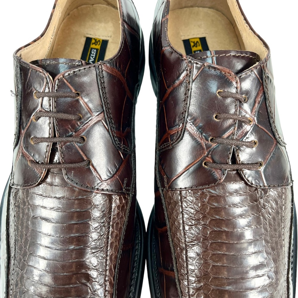 Stacy Adams Mens 9 1/2M‎ Genuine Snake & Leather Brown Square Toe Derby Shoes - Picture 4 of 13